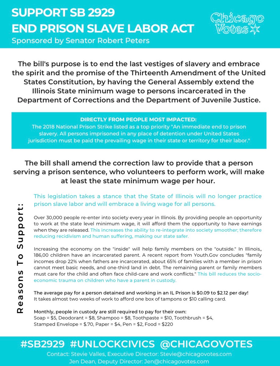 ChicagoVotes's tweet photo. @_CharlesPreston Thank you to @RobertJPeters for sponsoring our bill the “End Prison Slave Labor Act.” #SB2929 Illinois has a chance to make history this legislative sessions by extending the state minimum wage into IDOC @GovPritzker @LtGovStratton. #UnlockCivics https://t.co/AzBODTrejE