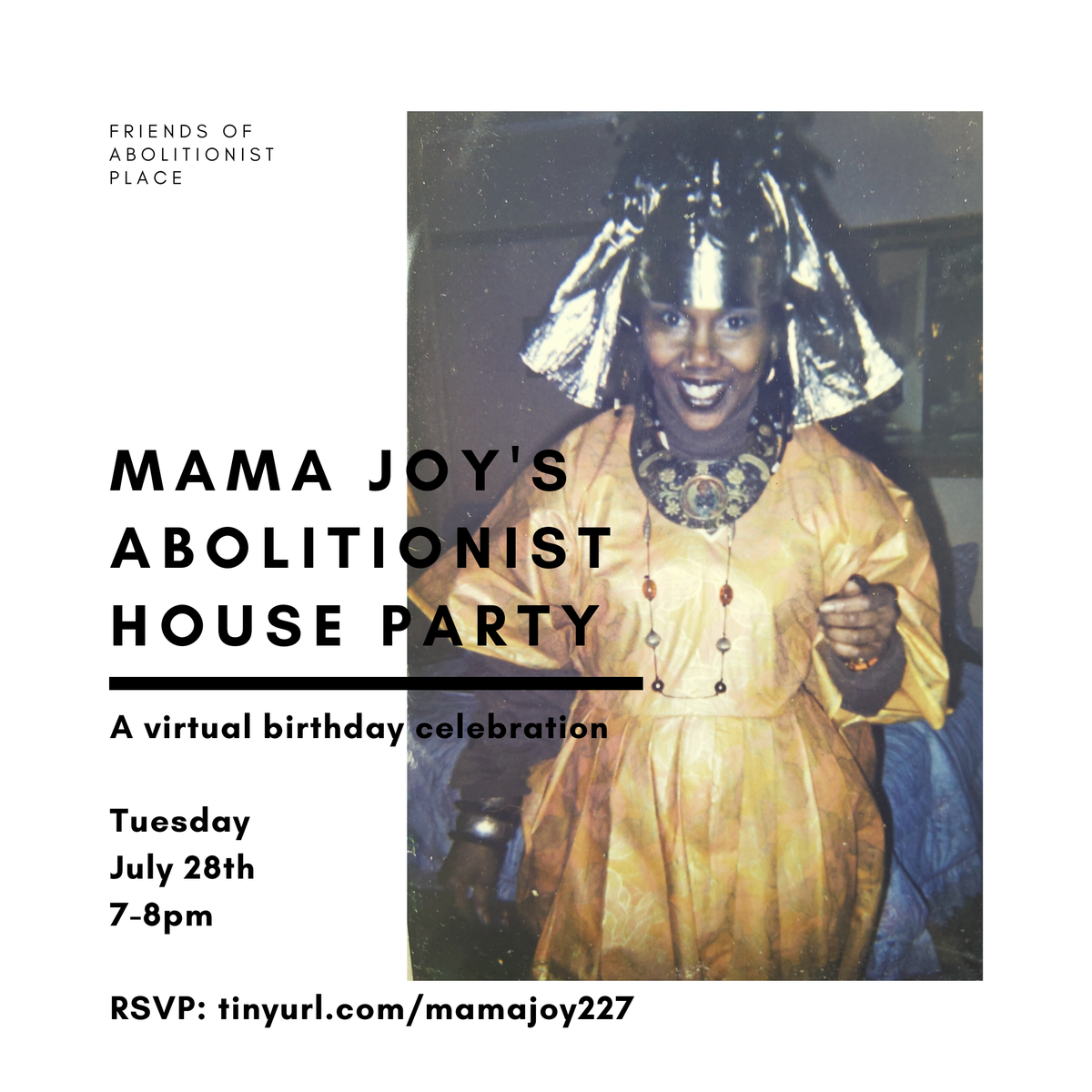 EqualFlatbush's tweet photo. The Friends of Abolitionist Place invite you to join us on Tues, 7/28 at 7pm for a celebration of what would have been #MamaJoy's 73rd birthday
Live drumming & music will be provided by Mama Joy's grandsons.
RSVP here: https://t.co/oCKNdRJo1B
#Save227Duffield https://t.co/3hYr2iPL4f