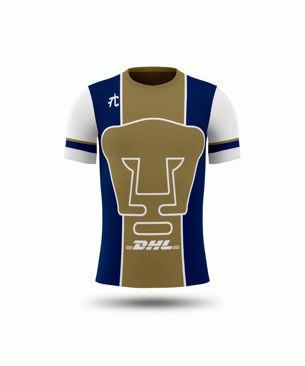 Pumas UNAM, this kit features giant crest instead of having it to the side how Pumas normally wear it. Inspired by the 1998 Pumas kit with the white sleeves. I tried to move away from the traditional one color design and combined the team colors.