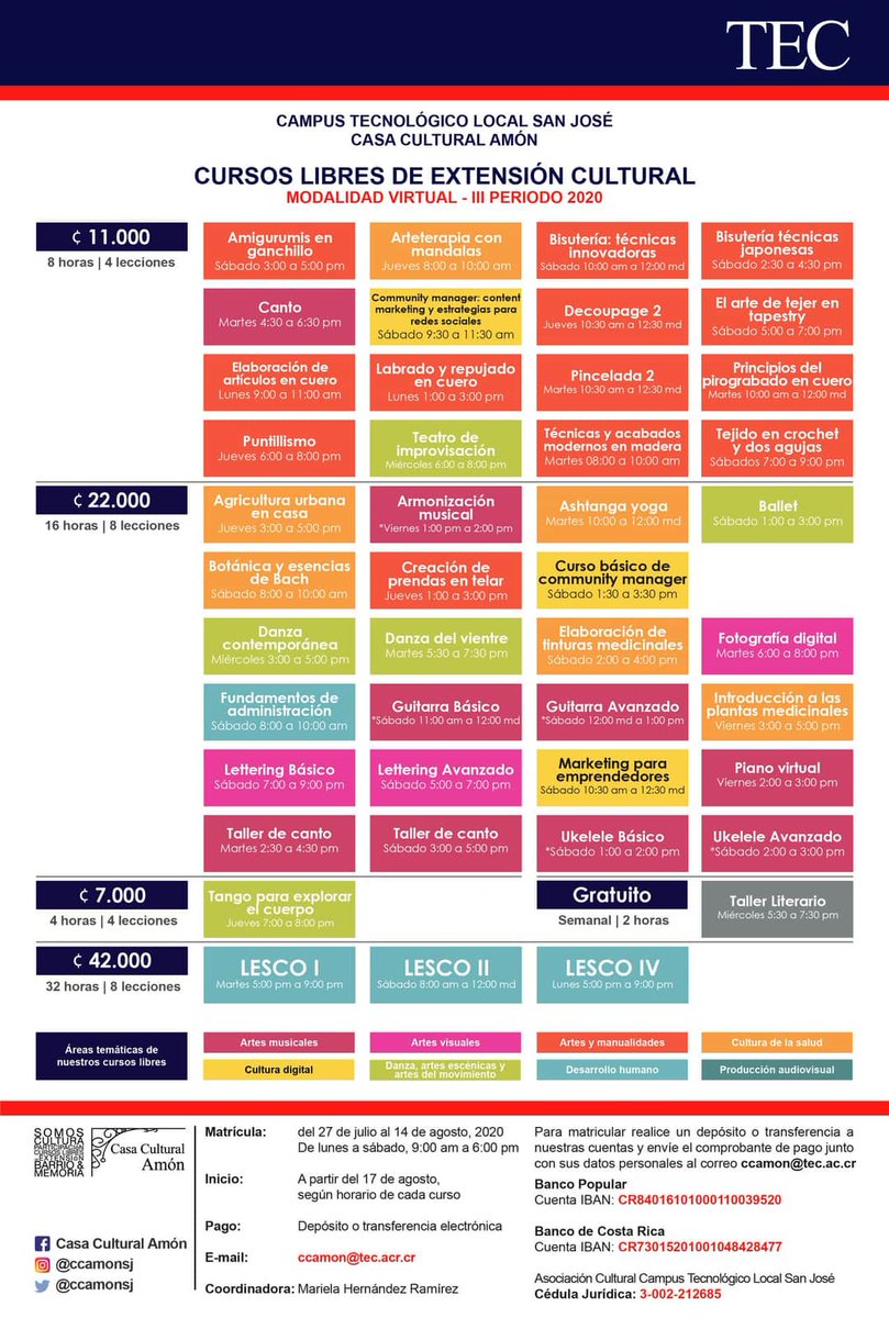 III Periodo 2020 de cursos de extensión cultural (modalidad 100% virtual)

🗓 Matrícula: 27 de julio al 14 de agosto de 2020
🗓 Inicio de clases: 17 de agosto, según horario de curso

Más información:

💻 ccamon@tec.ac.cr
📱 Facebook, Instagram &amp; Twitter

#CCAmon #TECcr <a href="/Teccr/">TEC Costa Rica</a>
