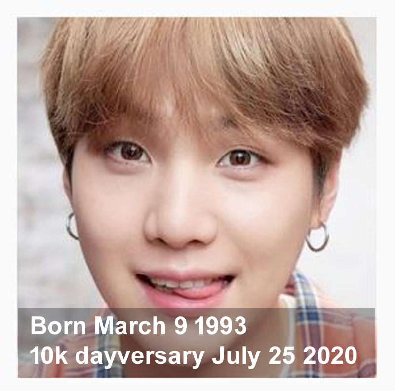 dayversary's tweet photo. SUGA from the biggest group in the world - BTS  is 10,000 days old today. Yesterday BTS ARMY, the group's fanbase celebrated by sharing by sharing thousands of pictures of his 10,000th sunset. Happy dayversary SUGA! @BTS_twt https://t.co/LHWk9cRDye