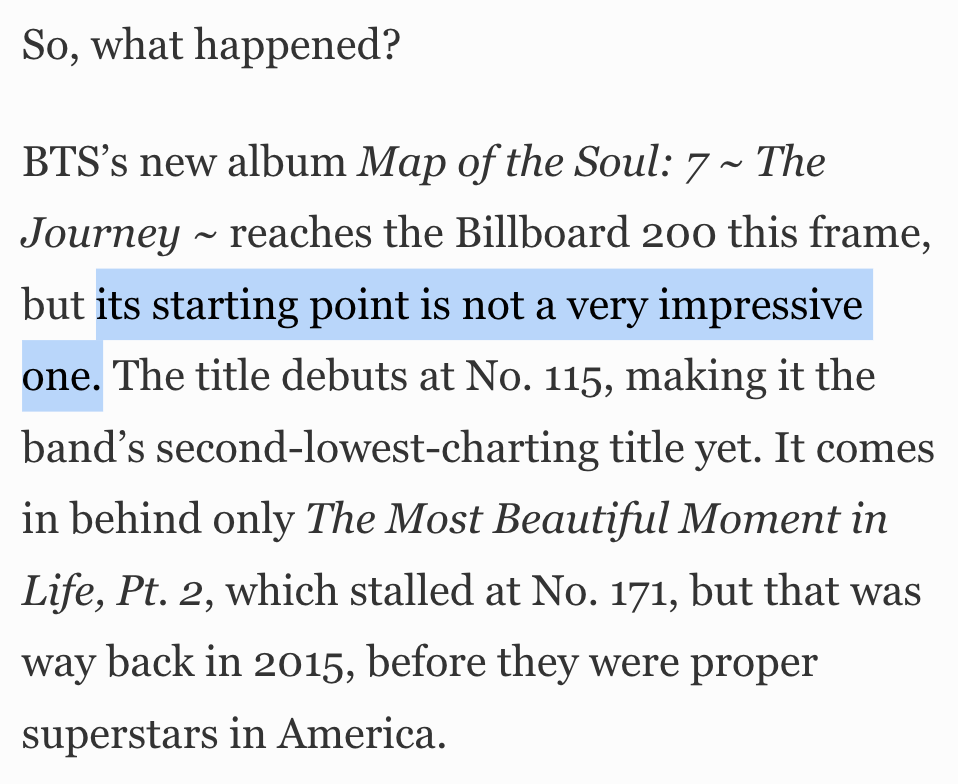The article claims that "something is amiss" about  @BTS_twt's  #MAP_OF_THE_SOUL_7_THE_JOURNEY because it debuted at #115 on the Billboard 200, saying "its starting point is not a very impressive one." @Forbes never states that this is a Japanese album primarily meant for Japan.