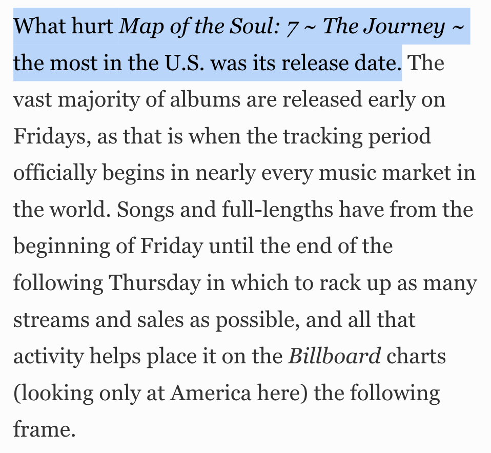 . @Forbes says that "what hurt" MOTS7: The Journey "the most in the U.S." was its Wed release date, explaining that most albums are released on Fri, not Wed, in order to capitalize on how Billboard tracks sales and streams.Here’s why that's a problem.