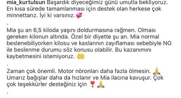 mia bir yaşında ve altı buçuk kilo 
vücudu çok dirençsiz 
acilen tedavi olması gerekiyor
güzel haberlerini alabilmek için
gündeme sokalım ki mianın sesi olalım 
bağış yapabilecekler mianın ailesine ulaşabilsin

MiaBebek Kurtulsun
