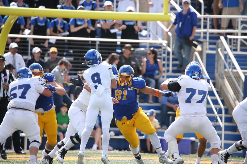 Meet <a href="/xavierward6893/">Xavier Ward</a> a Defensive Tackle from Freeman, SD. Xavier has started 26 games in a row, and has played in 40 games in his career. He has 55 tackles, 13.5 tackles for loss, 5 sacks, and 3 forced fumbles in his career.

#GoJacks 🐰🏈