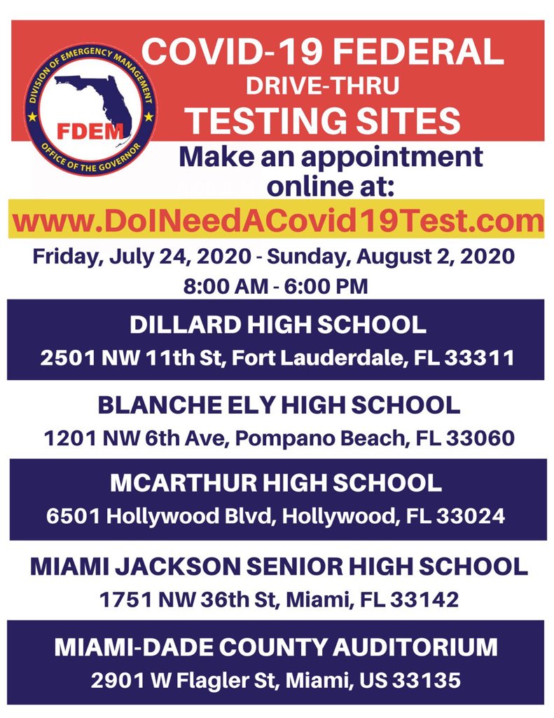 FloridaPIOs's tweet photo. Federal #COVID19 Testing Sites run by @FLSERT in South Florida are all open for testing!

🟢Miami-Dade Auditorium: No wait
🟢Dillard High: No wait
🟢Blanche Ely High: No wait
🟢McArthur High: No wait
🟢Miami Jackson High: No wait

Appointment:  https://t.co/HXlaoUXlSd https://t.co/AxIvgcOo5j