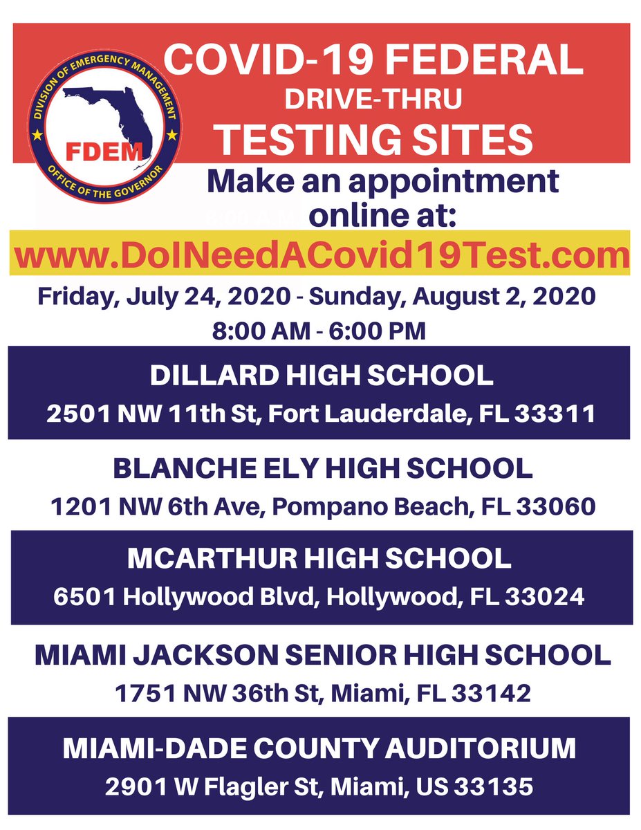 FloridaPIOs's tweet photo. No line, no wait RIGHT NOW: free #COVID19 testing @FLSERT @McArthur_HS Hollywood, right off Florida's Turnpike. Anyone 5 and over can be tested, regardless of symptoms. Drive-thru, no appointment needed. Open til 6 p.m. today. https://t.co/hpX8aBuHAx #RT #GetTested #coronavirus https://t.co/rP8oXegXHd
