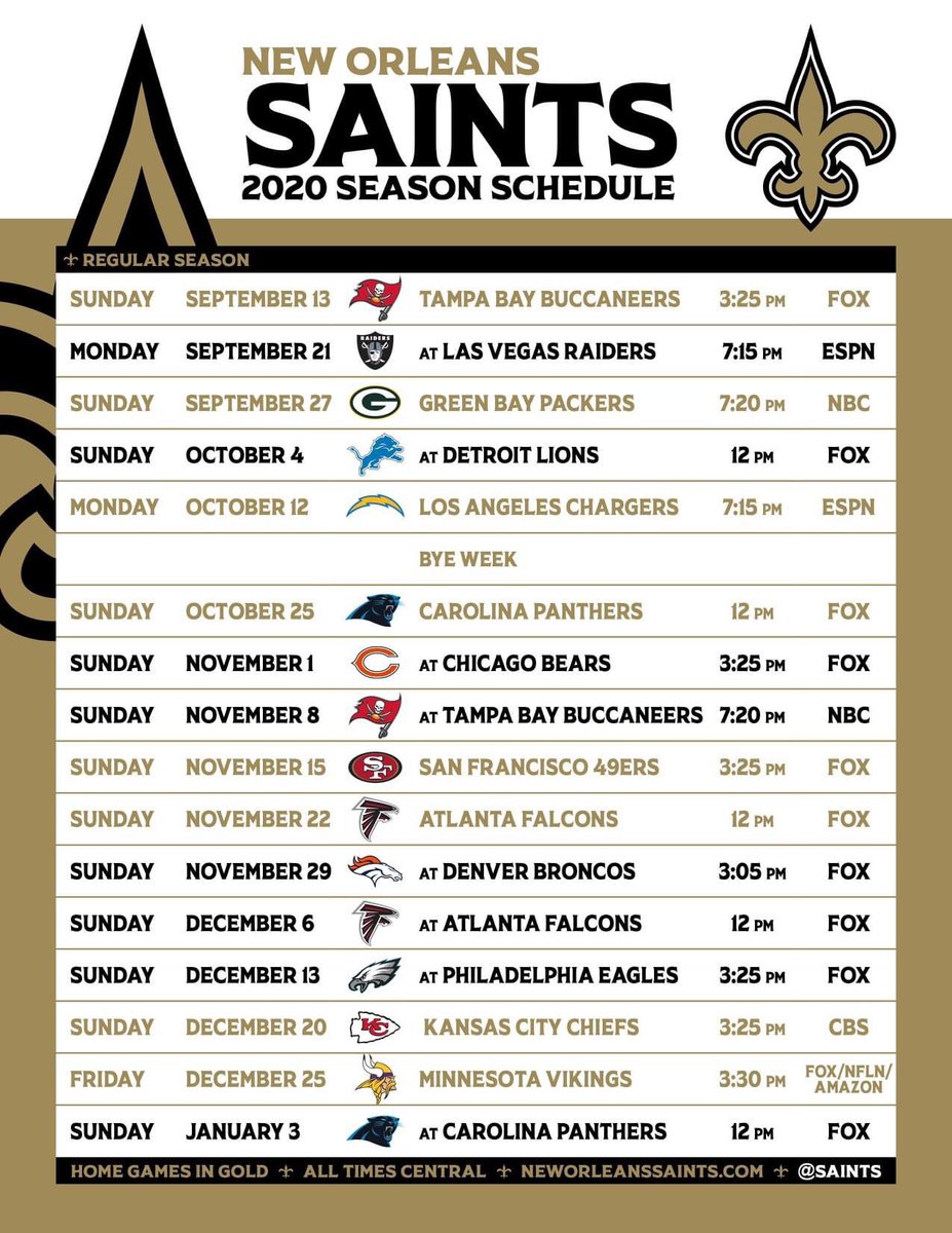 nacionwhodat's tweet photo. El calendario actualizado @Saints @Santos para que la #NacionWhoDat⚜️ planifique sus fines de semana y uno que otro Lunes de Septiembre a Diciembre para que sigan practicando el #QuedateEnCasa #StayHome https://t.co/haXOAeqFmB