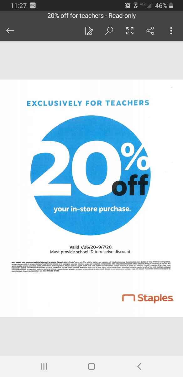 MillarTricia's tweet photo. Starting tomorrow at Staples we are saying "Thank you to all Teachers " with 20% off purchases (till 9/7). https://t.co/grMCny8Bgz