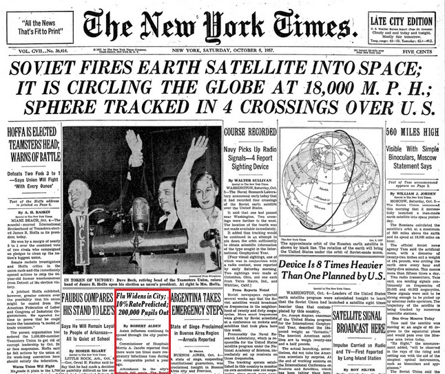 What about the media?The pandemic was well covered and people were aware of the health risks - but there was no widescale panicThis is the NYT cover during the height of the first wave of the 1957 PandemicIt is covered accordingly. Even Hoffa is a bigger story!7
