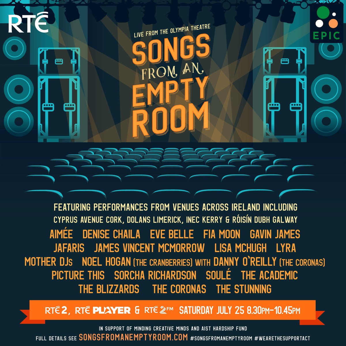 The All-Star #SongsFromAnEmptyRoom is on <a href="/RTE2/">RTÉ2</a> <a href="/RTE2fm/">RTÉ 2FM</a> <a href="/RTEplayer/">RTÉ Player</a> at 8.30pm LIVE from <a href="/olympiatheatre/">@olympiatheatre</a> <a href="/CyprusAveCork/">Cyprus Avenue</a> <a href="/mydolans/">Dolans Limerick</a> @GlenINECArena <a href="/roisindubhpub/">Róisín Dubh</a>

Text SONGS to 50300 &amp; donate €4 to <a href="/MindingCreative/">Minding Creative Minds</a> &amp; <a href="/AIST_News/">AIST</a> supporting stage techs &amp; crews

songsfromanemptyroom.com