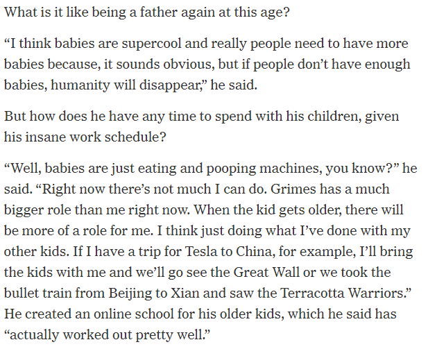 Trying again. Here Elon says babies are "supercool" but admits he does jack shit re: parenting
