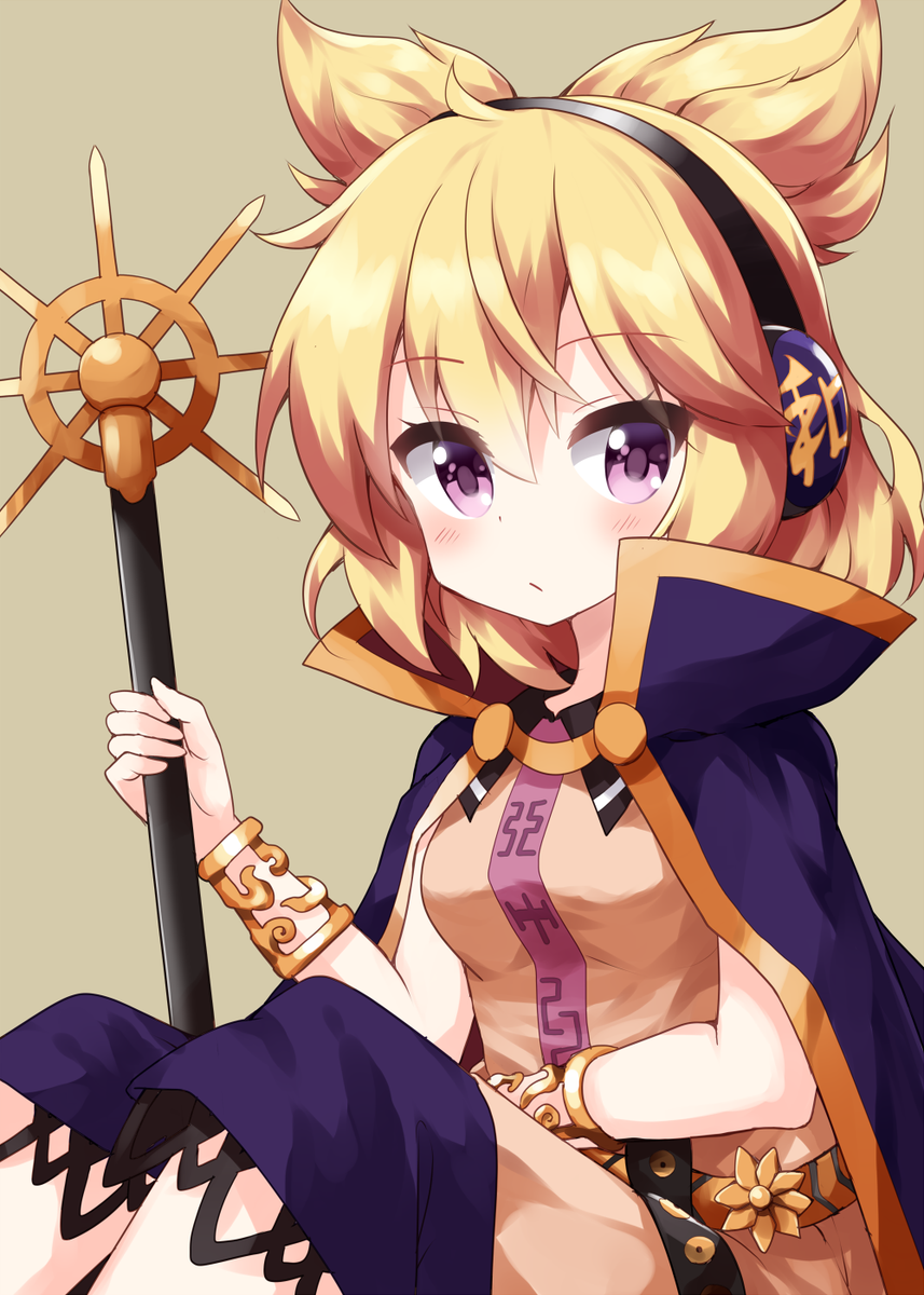 toyosatomimi no miko 1girl solo pointy hair earmuffs simple background purple eyes looking at viewer  illustration images