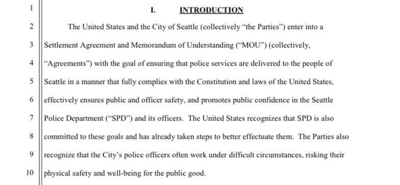 Forgot the “/4” oh well. Here’s the consent decree flatly stating that its purpose is to ensure compliance with the Constitution, public safety, and public confidence in Seattle PD. /5