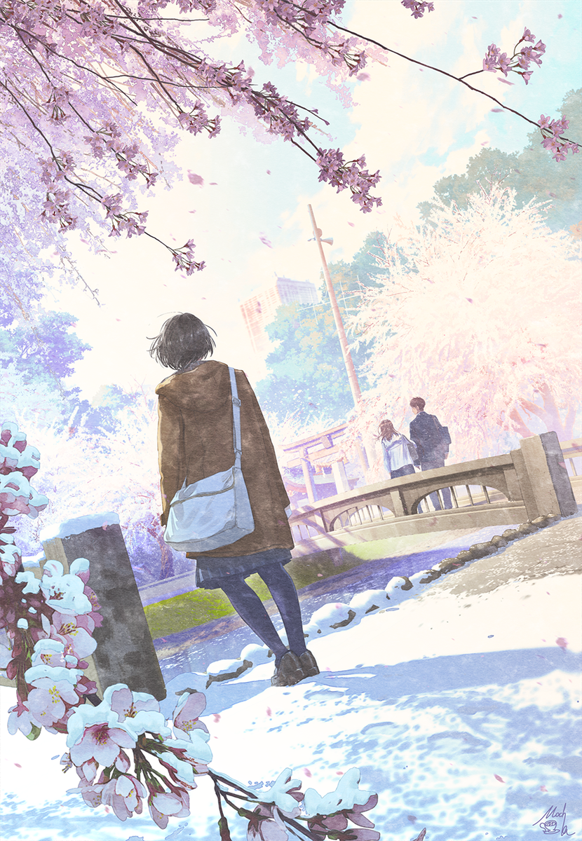 outdoors cherry blossoms tree short hair bag 1girl flower  illustration images
