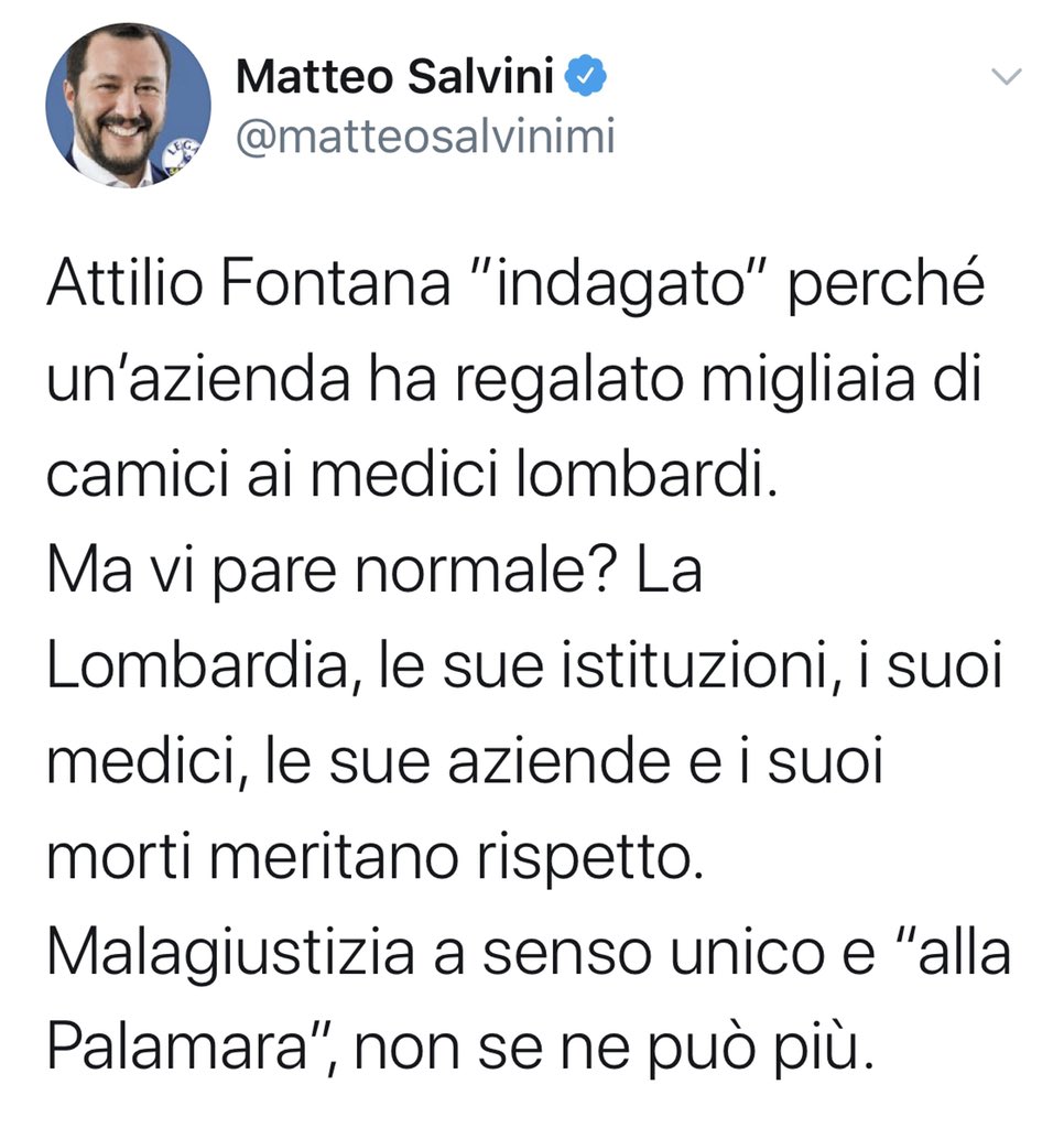 Il baciatore di salami è anche un maldestro rigiratore di frittate. Attilio Fontana è indagato per frode sui camici del cognato a cui aveva affidato un appalto senza gara mentre i cittadini lombardi morivano. Caro <a href="/matteosalvinimi/">Matteo Salvini</a> essere un pirla non ti assolve dalla complicità