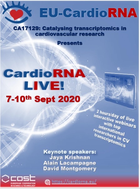 Robinson7L's tweet photo. Excited for CardioRNA LIVE! 7-10 September! Interactive sessions15-17 h each day @cost17129  - save the dates! @rsyf2 @ines_potocnjak @baybeis @CardiolncRNA @bakergroupcvs https://t.co/l8xZL1wQsq