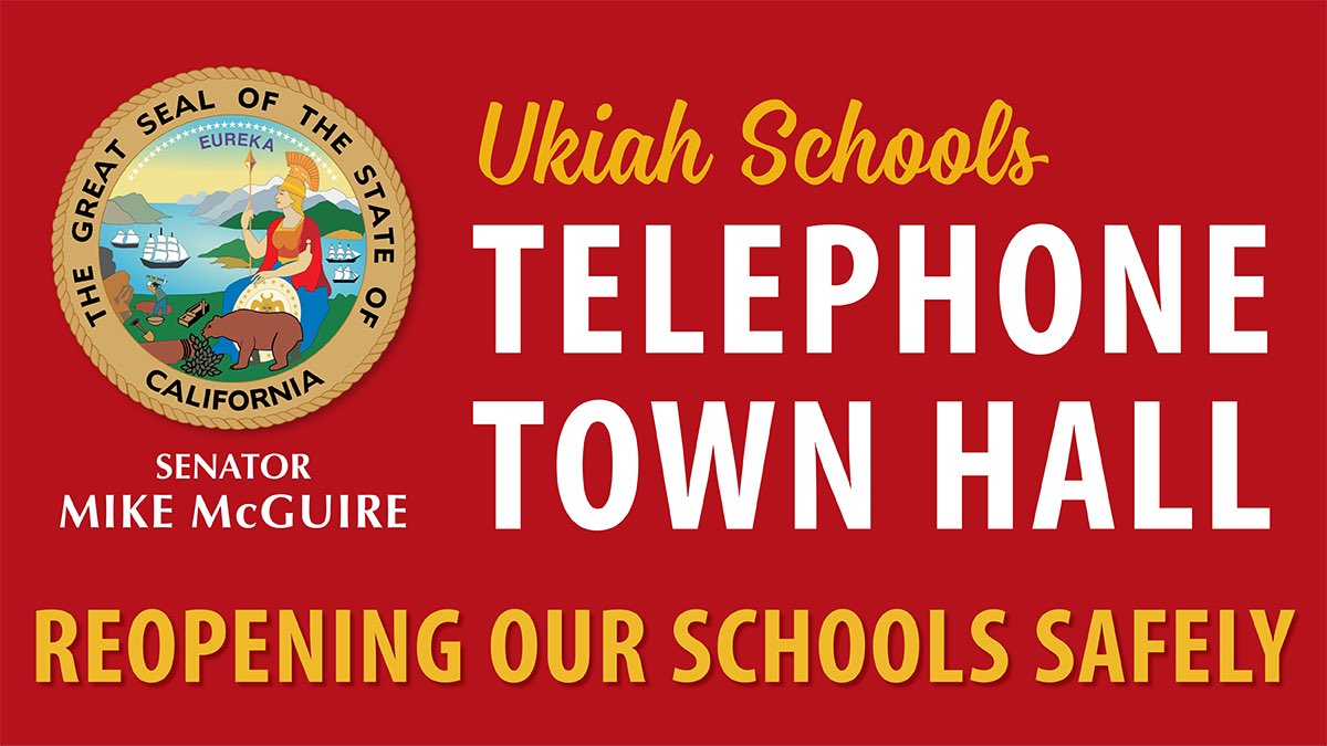 ilike_mike's tweet photo. Join us Friday @ 6:30pm when we partner with educational leaders from the Ukiah Unified School District for a Telephone Town Hall. We’ll focus on reopening our schools safely and layout the plans for distance learning. Dial 844-767-5679, enter code 2463180 and follow the prompts. https://t.co/BgRx22jrtR