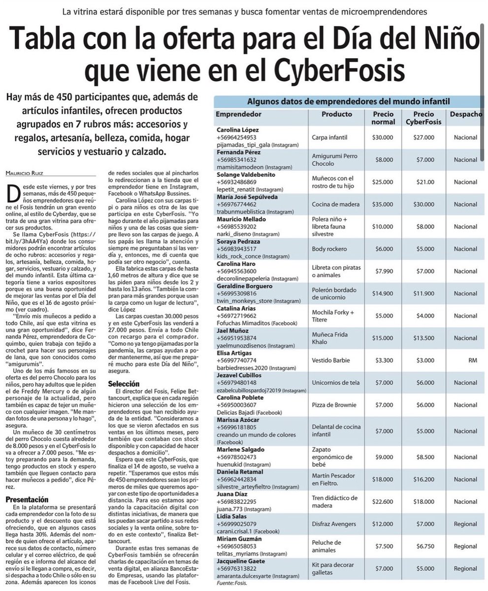 Los invito a revisar esta nota de <a href="/lun/">Las Últimas Noticias</a> que destaca las ofertas que los emprendedores del #CyberFOSIS tienen para el Día del Niño y la Niña 👉🏼 lun.com/lunmobileiphon…