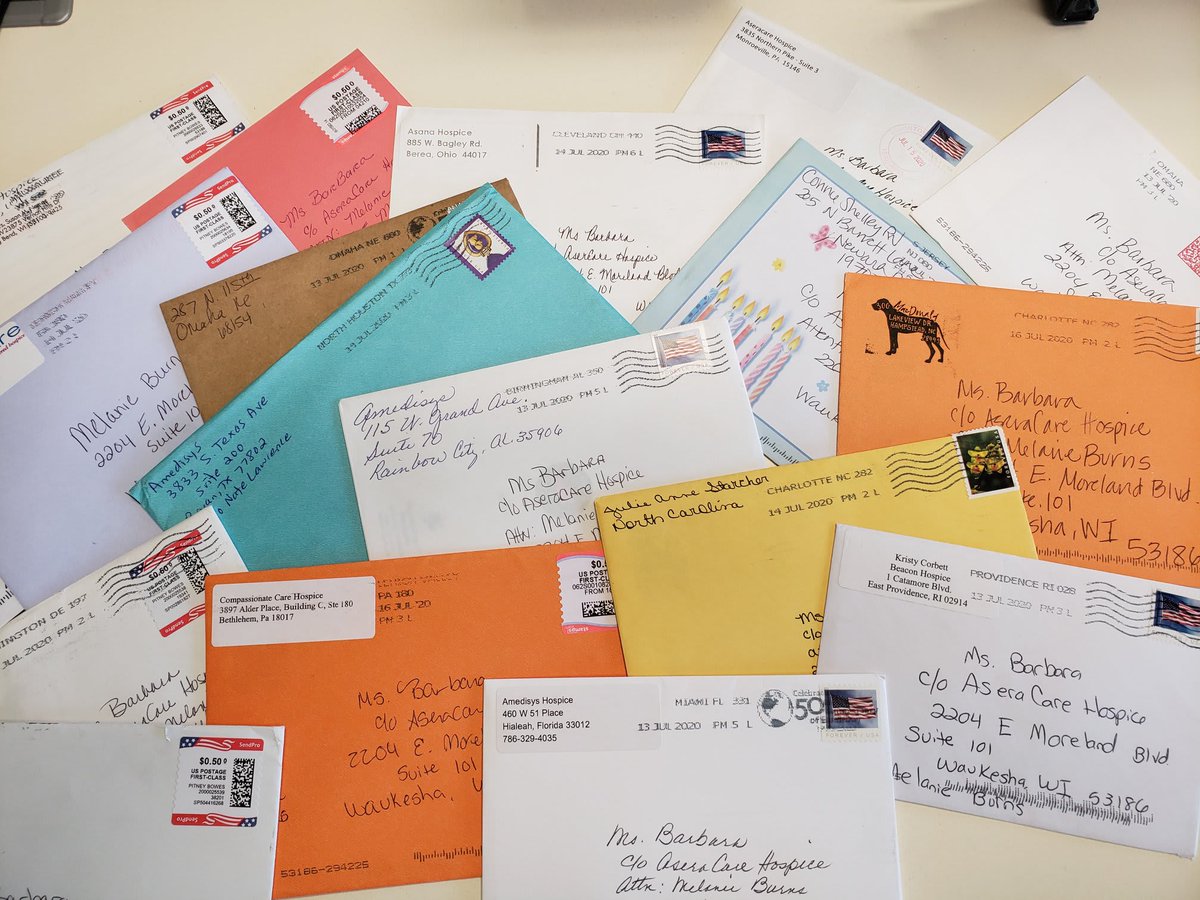 AseraCare's tweet photo. In honor of a patient's #101Birthday, she will receive cards from our #AseraCare care teams across the country. Here are just a few of the cards she has received so far as a part of our 100+ Birthday Card Club. Happy 101 years young, Barbara! 🎉🙌🎈 https://t.co/gHxbvHxskc