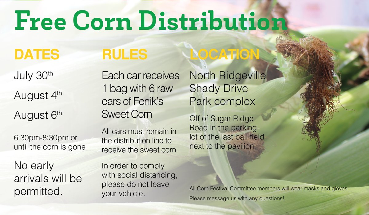 NRCornfest's tweet photo. The NRCF Committee feels sad that we had to cancel the festival this year due to the COVID-19 pandemic. The committee felt that we should do something to show the festival attendees that we are thinking of them during this time. So we have decided to give away Fenik's Sweet Corn! https://t.co/qiaVmITUHK