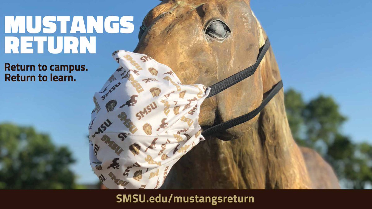 SMSUToday's tweet photo. Wearing a mask or cloth face covering may not protect you from others, but masks can prevent you from infecting others in the event you have the virus and do not have symptoms. #MustangsReturn #SMSU #MustangsWearMasks https://t.co/3CmesFdll4 https://t.co/sEvNpAJIbE