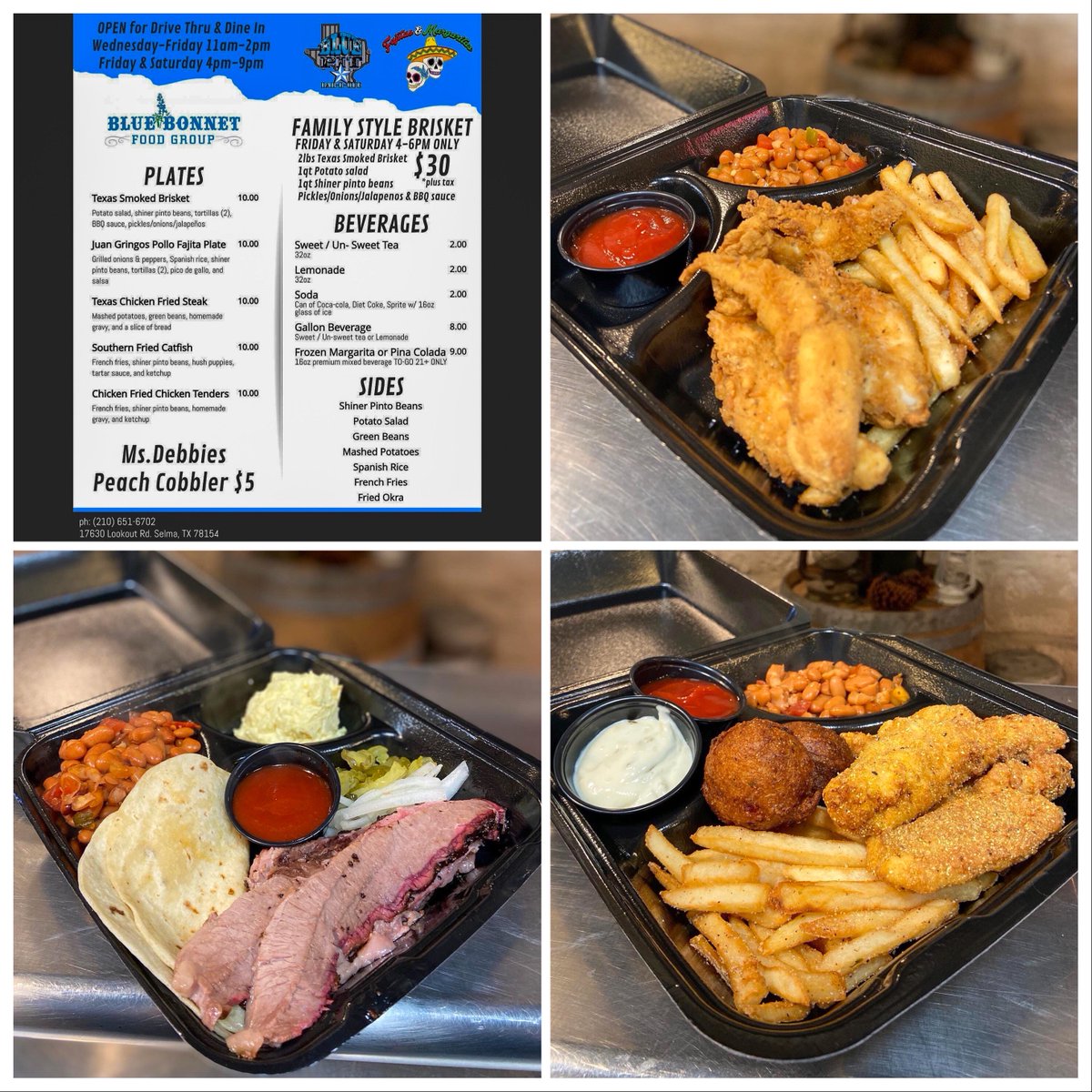 Bbpselmatx's tweet photo. DRIVE-THRU OPEN TODAY! 4pm-9pm $10 per plate #1BrisketPlate #2ChickenFriedSteak #3ChickenTenderPlate #4FriedCatfishPlate  @ Blue Bonnet Palace https://t.co/9SU7DpmpIc