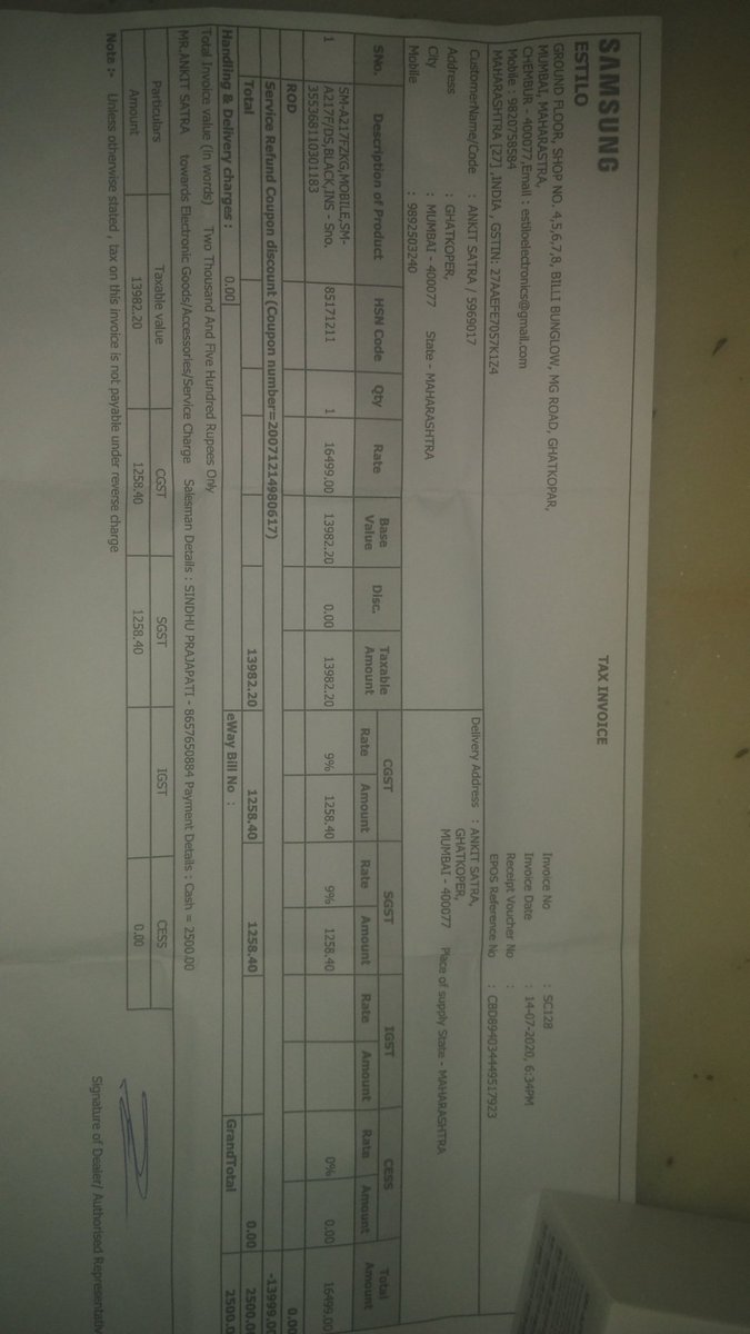 pankit_satra's tweet photo. Model - A-21
https://t.co/bLjcV0B5Cm - 355368110301183 
Date of Purchase - 14-07-2020
Month of manufacturing - June 2020
Customer Name - Ankit Satra
Expect an immediate reply @SamsungIndia @SamsungMobile https://t.co/8DzCp8enmW