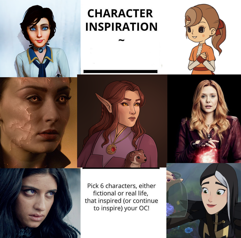 Had this saved for a while and finally did it. For those who don't know; the middle character is my elven sorcerer from a recently finished Dungeon World campaign and if you make a weird mix of these characters you get a rough idea of what she's like. ✨