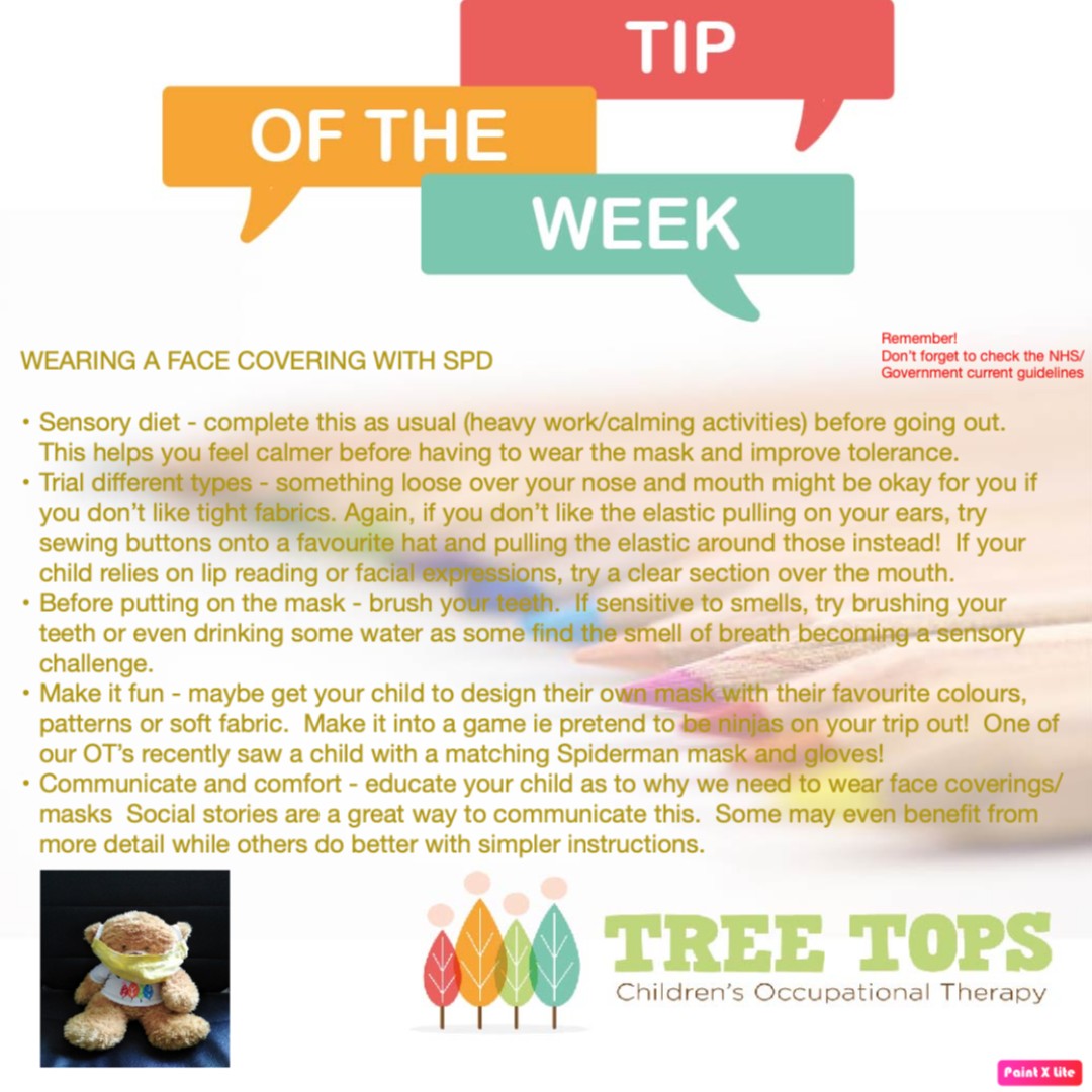 TreeTop_Therapy's tweet photo. #TipoftheWeek

Does your child find it challenging to wear a face-covering/mask?  If so, check out our Facebook for some tips!

#Fostercare #Adoption #NEAF #putkidsfirst #elearning #ntchat #earlyed #middleshool #highschool #fidgeting #sensory #concentration #parentpower https://t.co/H9GsenlJqT
