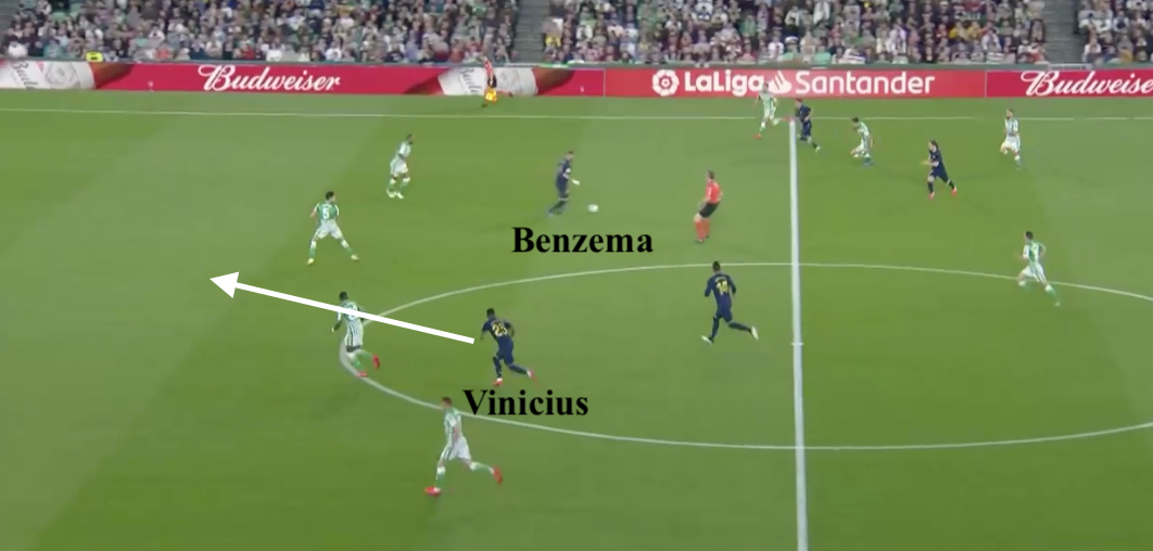b) It also allowed Benzema to drop deep in between the lines and link play as he often did when playing with Ronaldo & Bale in the famed BBC. With runners going beyond him