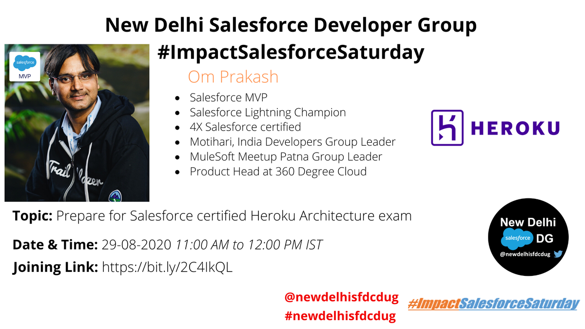 New Delhi Salesforce Developer Group (@newdelhisfdcdug) on Twitter photo After Successful Completion of an awesome #LWC Series by <a href="/msakthivel83/">Sakthivel Madesh</a>
We are back with an another #ImpactSalesforceSaturday Series on #Heroku starting from 1st August by <a href="/omprakash_it/">Om Prakash</a>
You can find all of our upcoming session details Here bit.ly/3gwWBFl After Successful Completion of an awesome #LWC Series by <a href="/msakthivel83/">Sakthivel Madesh</a>
We are back with an another #ImpactSalesforceSaturday Series on #Heroku starting from 1st August by <a href="/omprakash_it/">Om Prakash</a>
You can find all of our upcoming session details Here bit.ly/3gwWBFl