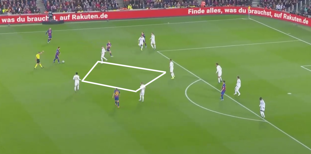 •With Barca selecting a lineup devoid of pace, it made sense for Zidane to congest the middle of the pitch, especially as Real weren't playing fluidly- you can see below how congested the diamond of Isco, Kroos, Valverde & Casemiro made the middle - Messi has no passing options