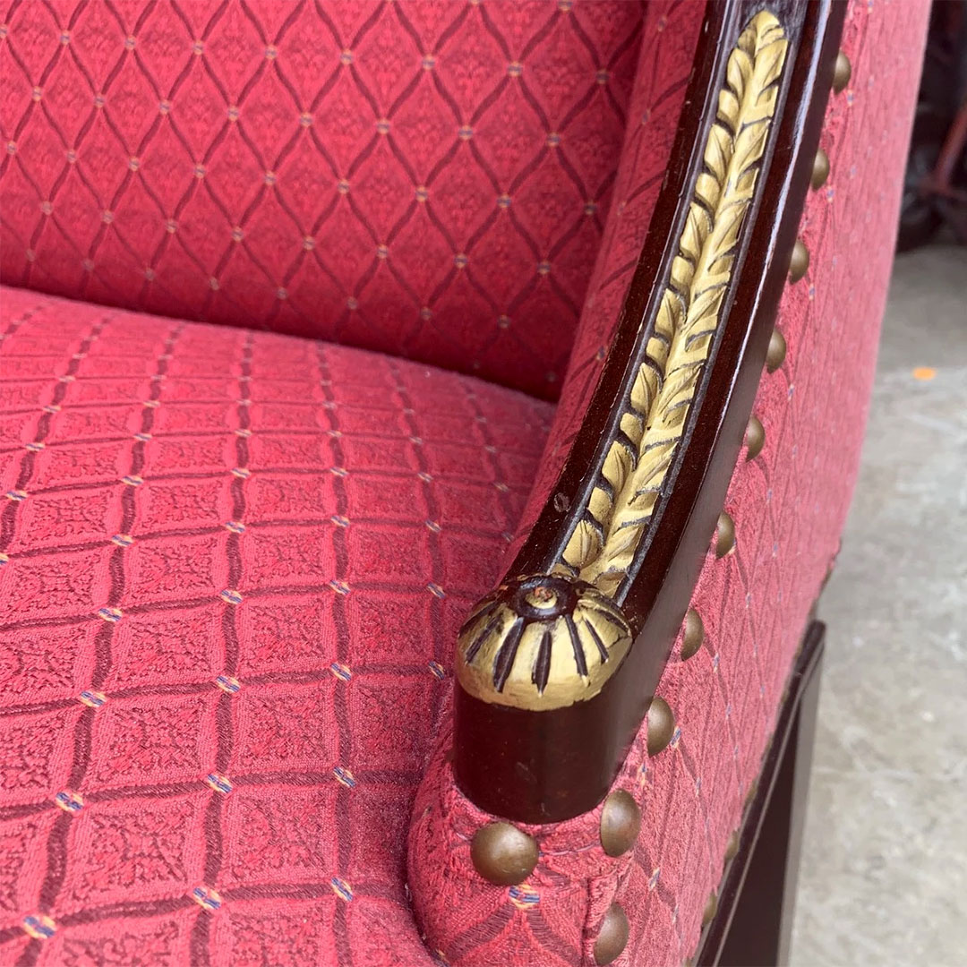 CommForklift's tweet image. This #stately red #wingbackchair has beautiful #gilded highlights on the solid wood frame. It’s listed on the #CommunityForklift Marketplace! communityforkliftmarketplace.org/collections/fu…