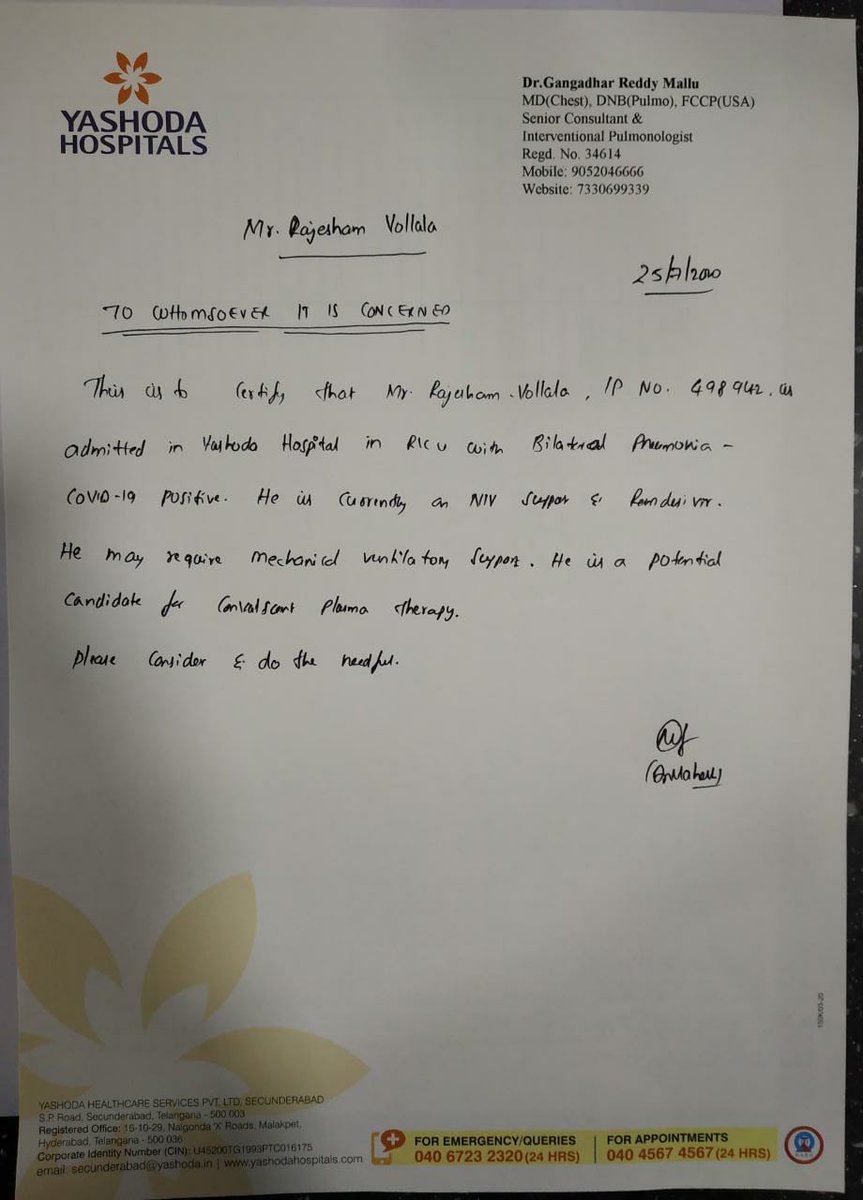 Saffronist_'s tweet photo. Emergency
BLOOD PLASMA : O+
Patient Name:Vollala Rajesham

Require blood from covid recoverd patients 
@ yashoda Secunderabad 

Contact :9866418823 / 7396680812
Please kindly help🙏🙏 
We are searching for plasma from past 4 days.

@hydcitypolice @CPHydCity @cpcybd @Eater https://t.co/LOsZMWjWXA