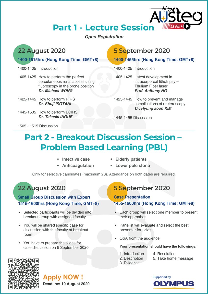 AUSTEG1's tweet photo. Proudly presents AUSTEG Lecture + Breakout Session Online Workshop!
Date: 22 August 2020 (Saturday) and 5 September 2020 (Saturday)
Time: 1400-1600 (Hong Kong Time, GMT+8)
Please register at: (Deadline: 10 August 2020)
https://t.co/LXbTkUI6qE
#AUSTEG #Endourology #UroSoMe #PCNL https://t.co/7WvgTpvZ8t