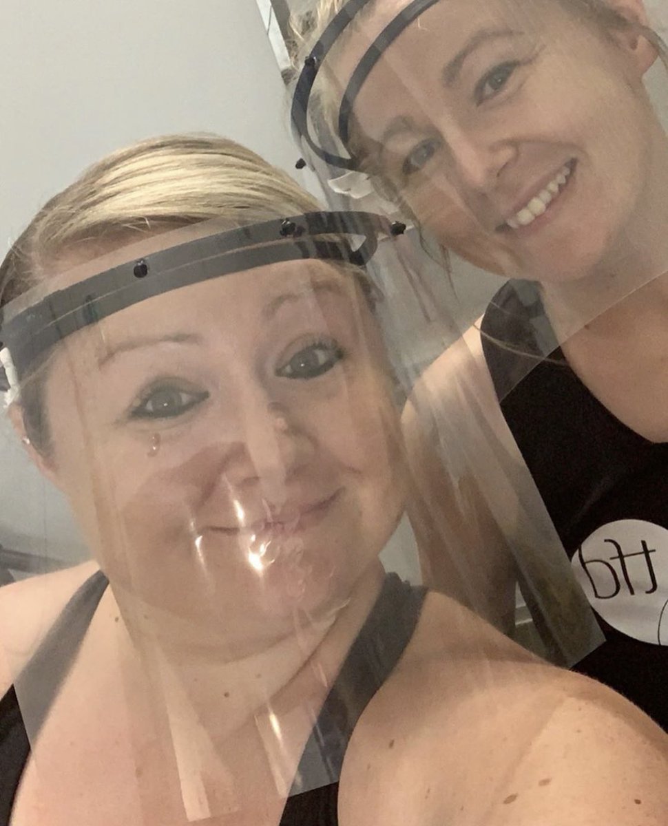 JoDavies93's tweet photo. And we’re back!! So lovely to see lots of you back at @tfdGym on our reopening day! Getting into the visor life with @Steffi_Davies 🙌 #reopening #gym #visorlife #sisterselfie #teamtfd https://t.co/82jUK3sbWK