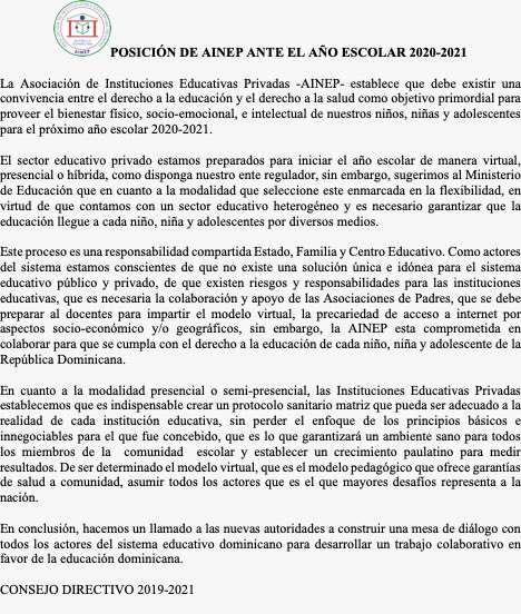 aineprd's tweet photo. POSICIÓN DE LA AINEP CON RELACIÓN AL AÑO ESCOLAR 2020-2021. #ainep #proyectosuci #ainepinforma #todossomosainep https://t.co/pkRRSf3Vvh