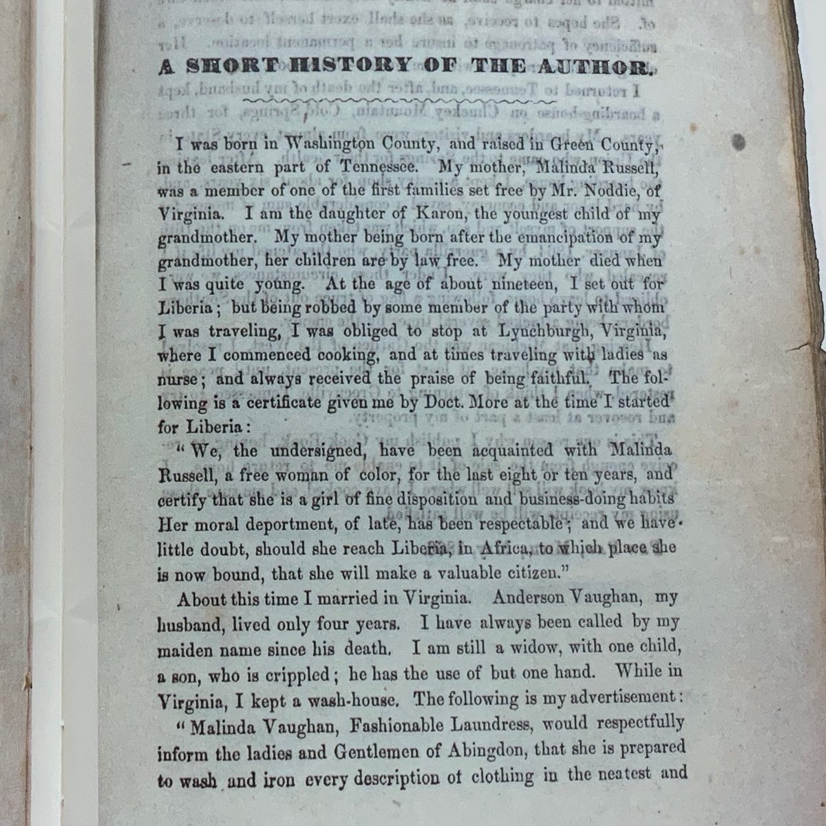 Malinda Russell included a brief autobio in the front of her cookbook. These photos are my own, taken from a facsimile version  @msulibraries More historical cookbooks can be found here:  https://lib.msu.edu/spc/collections/cookery/  #foodstudies20