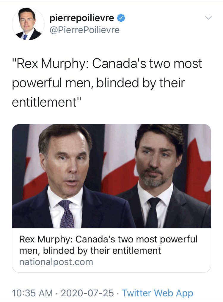 So forgive me if I don’t buy the latest strategy from propagandists like Rex Murphy ( https://twitter.com/heathermoandco/status/1283788645195972609?s=21) or corrupt far right authoritarian ideologues who lie as easily as they breathe, like Pierre Poilivre. Notice the coordinated message across all of  #PostMedia?  #cdnpoli