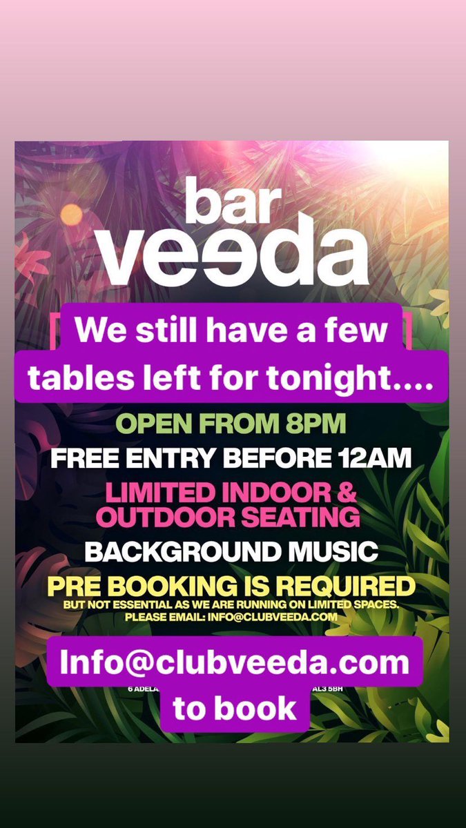 We go again tonight...due to weather more seating are now available inside venue.

Info@clubveeda.com to reserve your tables.