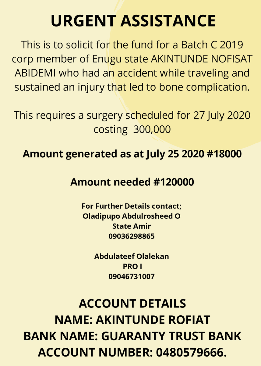Charity did on these days will give multiple rewards. 
This and the opportunity for Me and You.
All she needs is N1,000 from 180 people.
She is a corp member.
@sirnucy @PenAbdull @Aburuqayyah_ @Halal_Match