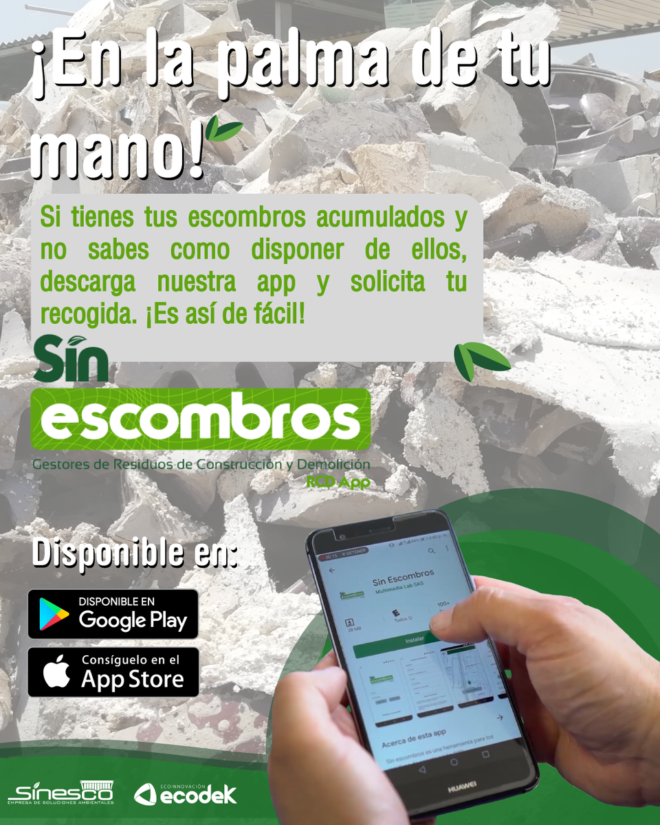 Sinesco_SAS's tweet photo. Los residuos de #RCD, conocidos como #escombros, son un problema importante de contaminación cuando no disponemos de ellos responsablemente; por eso, descarga nuestra app y #CambiemosElMundo juntos.

https://t.co/1pufRZIQ8g https://t.co/H3DpADLQAP