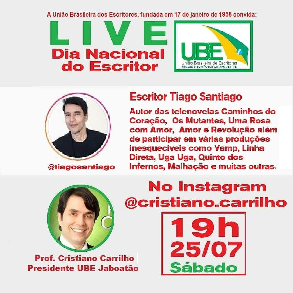 Prof_Carrilho's tweet photo. Não percam live hoje 25.07, 19h com o escritor de telenovelas @tiagoxsantiago e @Prof_Carrilho no Dia Nacional do Escritor no Instagram @cristiano.carrilho #DiaNacionaldoEscritor #Vamp #Mutantes #Novelas #Globo #Record #SBT #escritores #UBE #Abccrim https://t.co/0Nvmi2XTAp