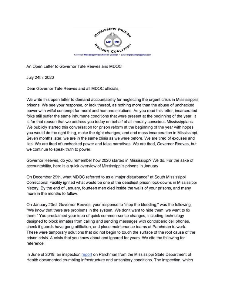 PrisonReformMS's tweet photo. 🚨 READ OUR OPEN LETTER TO @tatereeves AND @MS_MDOC 🚨

w/ @lumumbasvision @MississippiRise @Mississippi_PPC @OneVoiceMS @MSVotes @MSNAACP @BlackNoChaser @FundMSabortions @Alternate_ROOTS https://t.co/O5yLZQaxRN