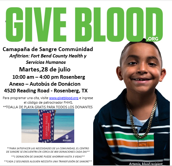 Help save lives! Fort Bend County Health &amp; Human Services is hosting a community blood drive July 28th. Donors get a FREE beach towel! Click here: giveblood.org to sign up!