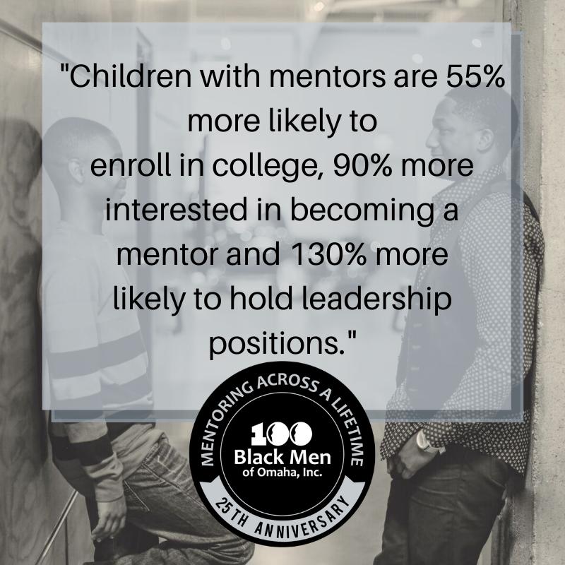 Did you know? Children with mentors are 55% more likely to enroll in college, 90% more interested in becoming a mentor and 130% more likely to hold leadership positions. “What they see is what they’ll be.” #100BlackMenOmaha #MenofHonor #25thAnniversary