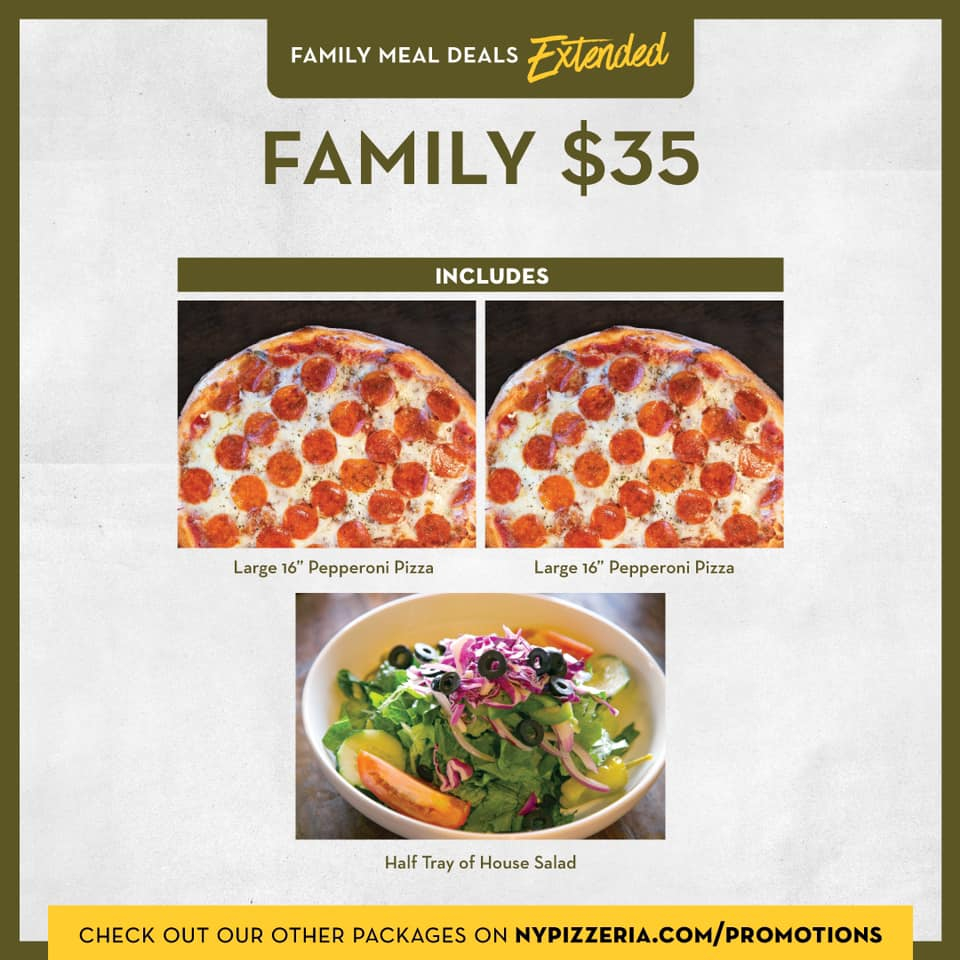 Gather around the table with family to enjoy one of our Family Meal Deals this evening! Starting at only $35, our pizza Family Meal Deal option includes two large pepperoni pizzas 🍕 and a half tray of house salad 🥗. This feeds 4-6 and is great for leftovers! 👍🏼👍🏼