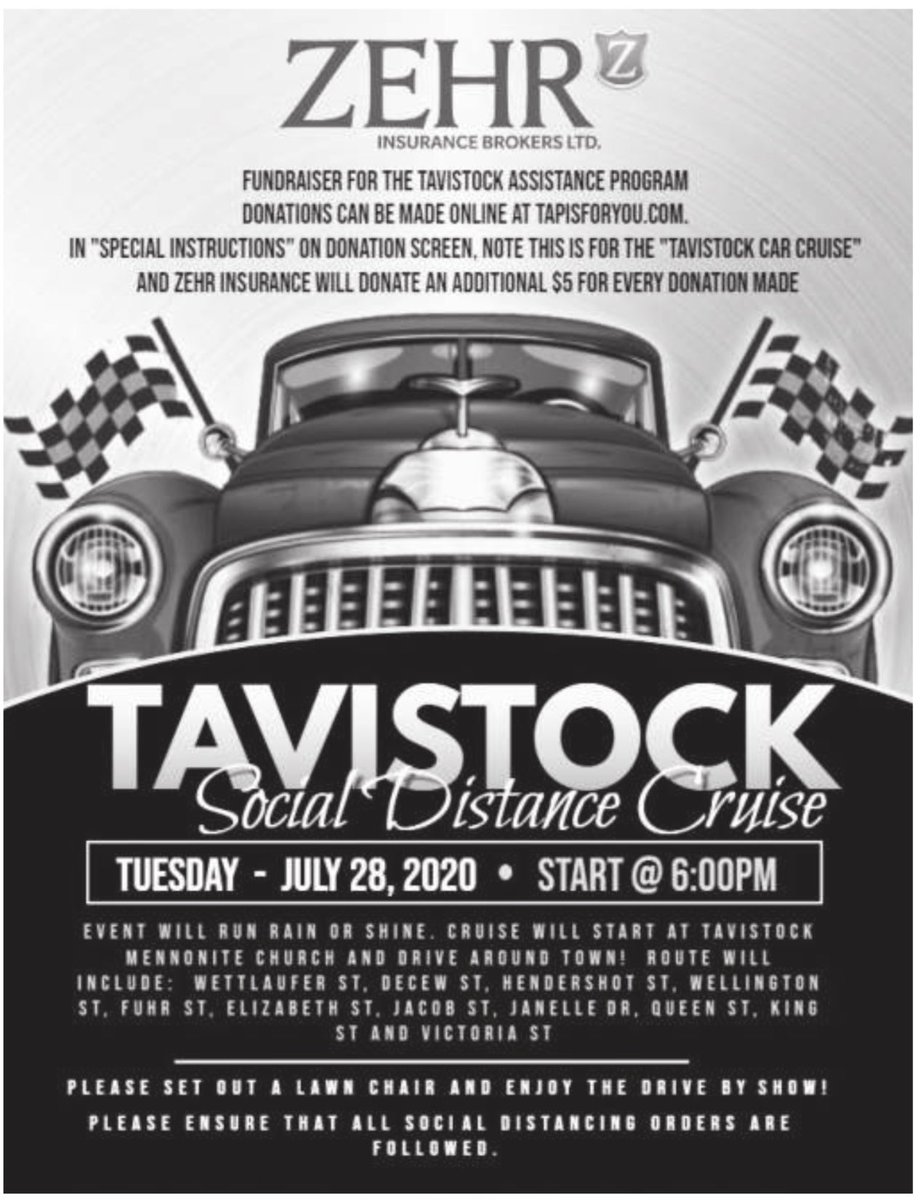 This Tuesday, July 28, order a take-out meal from one of our local businesses and get your family bubble to the front lawn to watch the Tavistock Social Distance Cruise Night beginning at 6 p.m. for the Tavistock Assistance Program. Donate online at tapisforyou.com