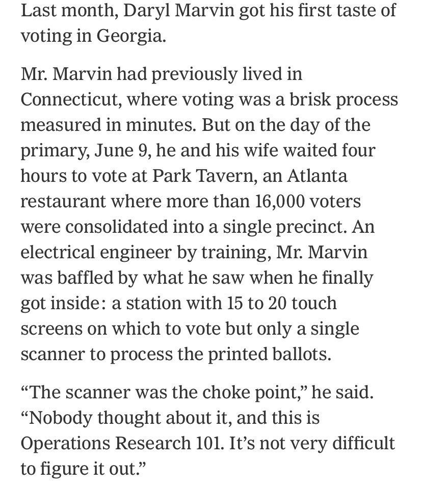 Like, the whole lede anecdote to this NYT story is not factually correct based on a) how the state’s voting system works and b) what the actual data from the election says.  https://www.gpb.org/news/2020/07/22/hourly-voting-data-shows-where-georgias-process-failed-and-flourished